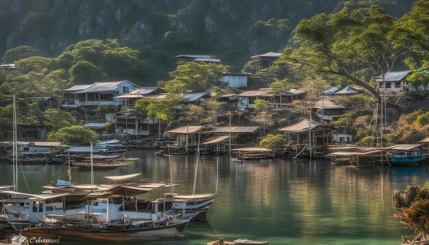 un village avec des bateaux sur l'eau et une montagne derrière