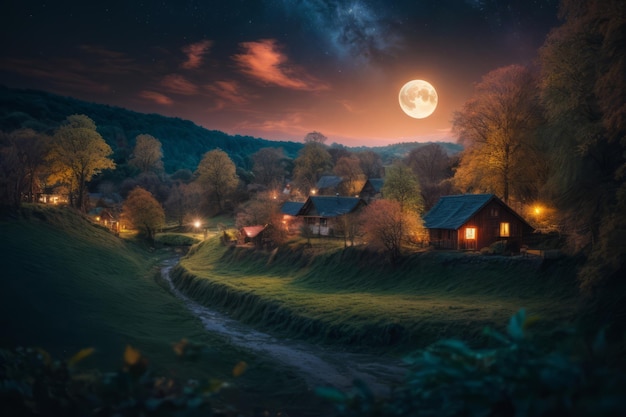 Photo village de beauté forêt enchantée sous la lune décroissante