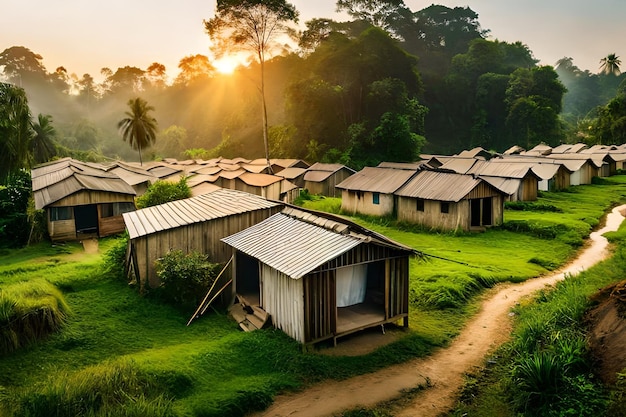 un village avec des cabanes et des arbres en arrière-plan