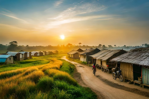 Photo un village avec des cabanes et un vélo sur la route