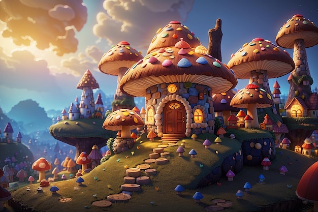 Le village des champignons magiquesIllustrer un village enchanteur niché parmi des champignins brillants surdimensionnés
