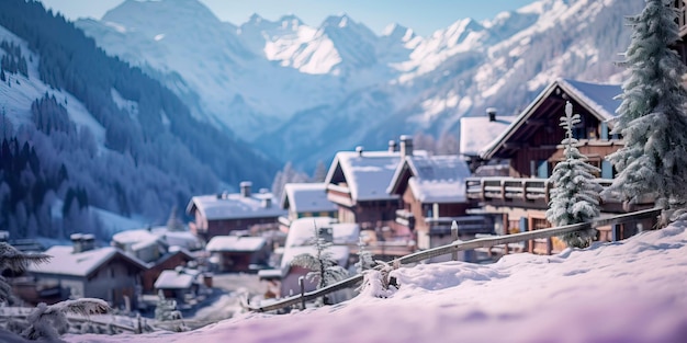 village avec de charmants cottages peints dans des tons de lavande douce et de bleus glacés IA générative