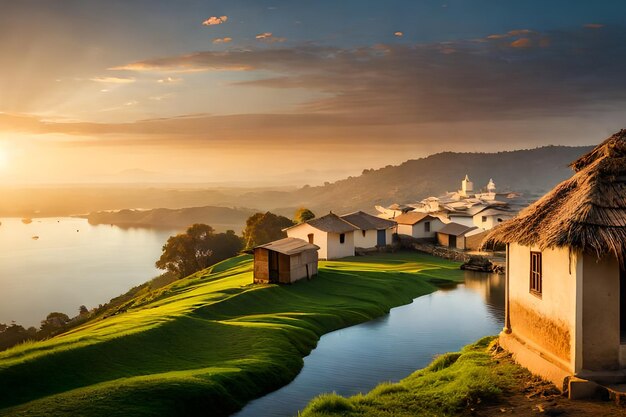 Un village sur une colline avec un lac en arrière-plan