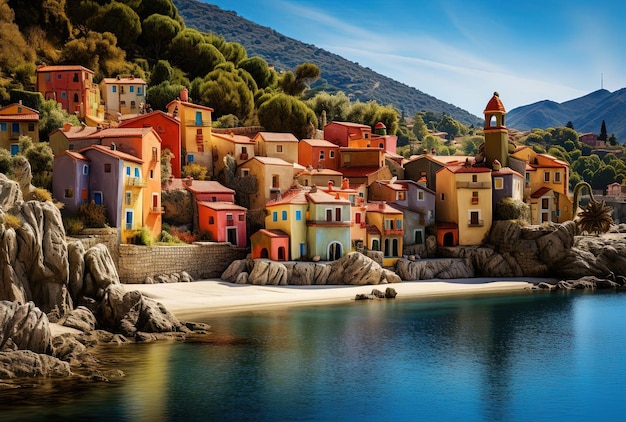 un village coloré le long du rivage d'une montagne dans le style de Pontormo