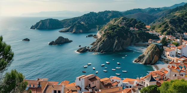 Village côtier méditerranéen avec des bateaux et des eaux claires paysage balnéaire serein idéal pour les voyages et les affiches AI