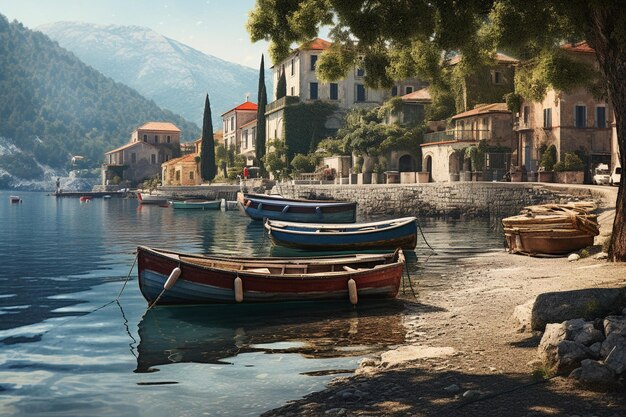 Un village côtier serein avec des bateaux colorés dans le port