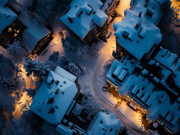 Un village couvert de neige au crépuscule