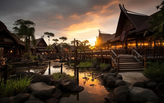 Le village culturel du Sarawak au coucher du soleil