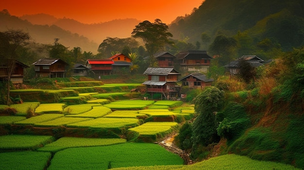 Un village dans les montagnes au coucher du soleil