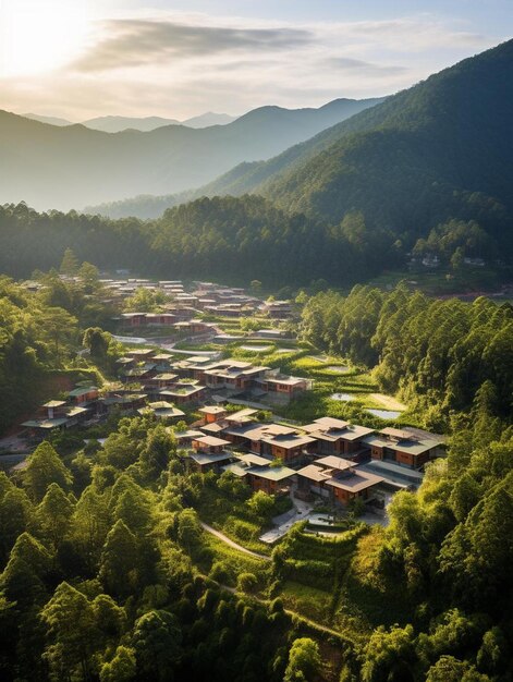 un village dans les montagnes avec une vue sur la montagne