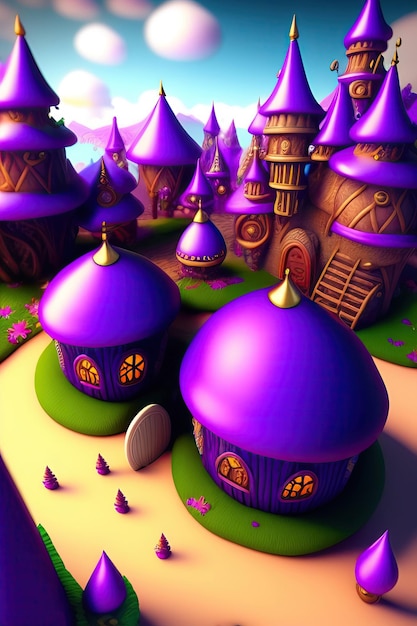 Village d'elfes violets de conte de fées Paysage fantastique et légende inconnue illustration 3d