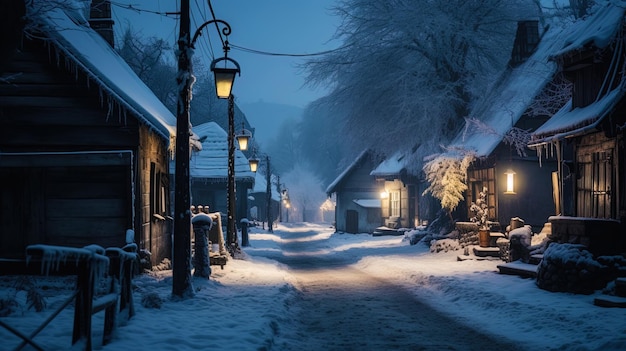 Un village enneigé à la lumière des lampadaires