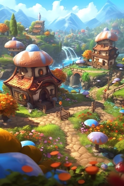 Un village fantastique avec une cascade et une maison aux champignons.