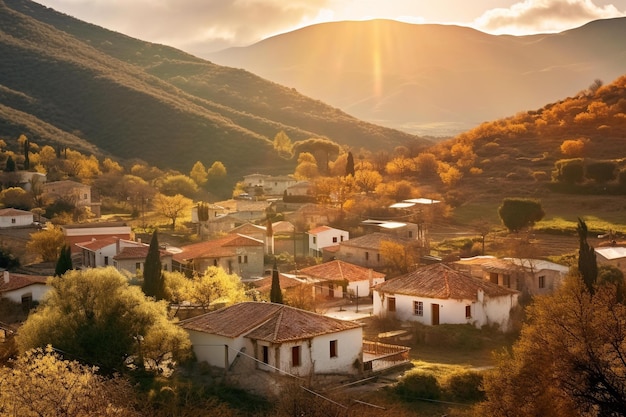 Le village grec serein au coucher du soleil