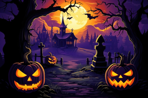 Village d'Halloween avec des citrouilles effrayantes