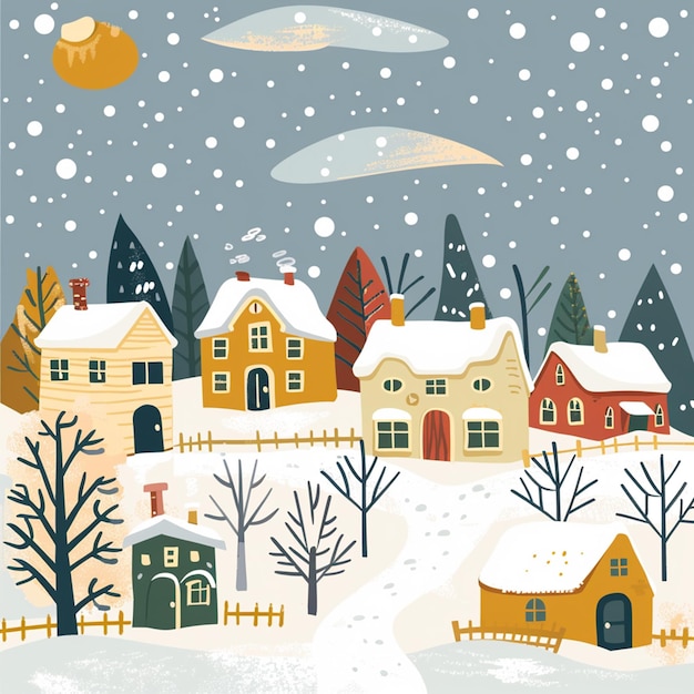 Le village d'hiver affiche avec de belles maisons confortables la terre et les montagnes sont couvertes de neige