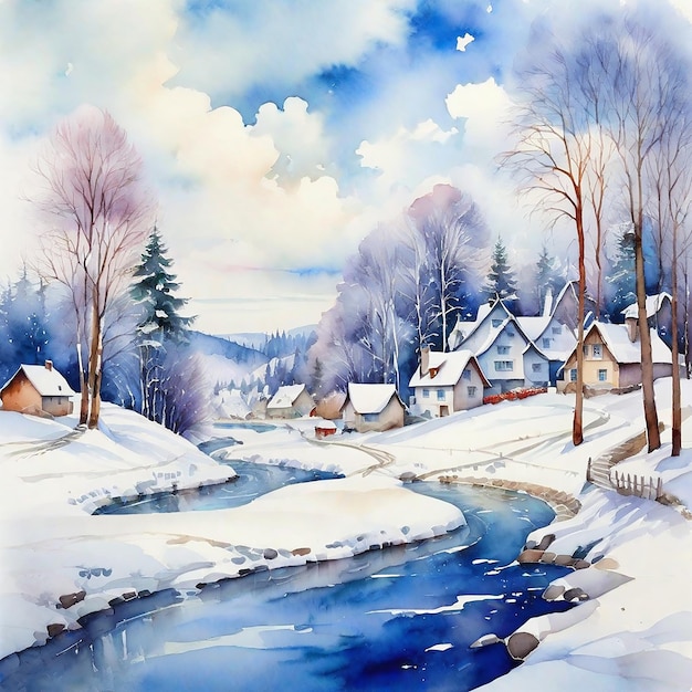 Le village d'hiver à l'aquarelle