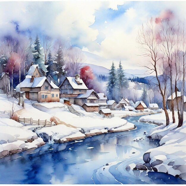 Le village d'hiver à l'aquarelle