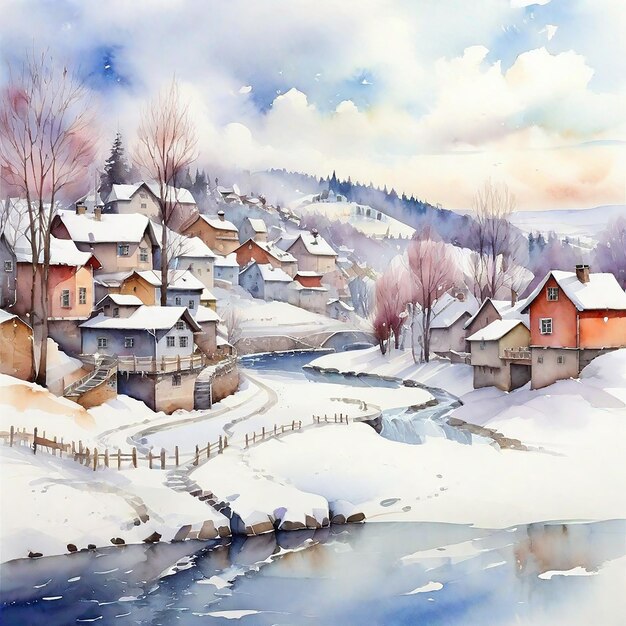 Le village d'hiver à l'aquarelle