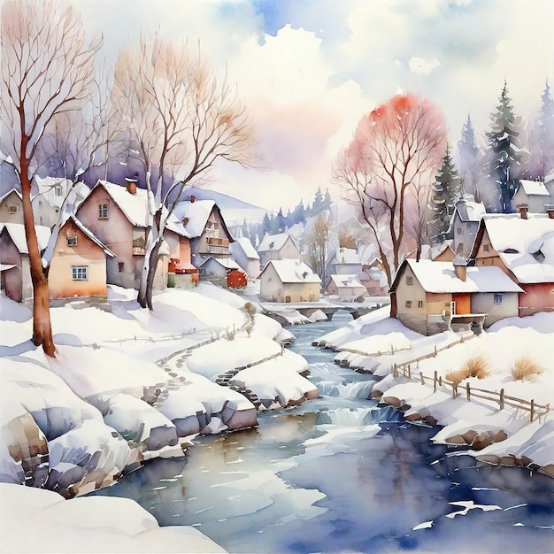 Photo le village d'hiver à l'aquarelle