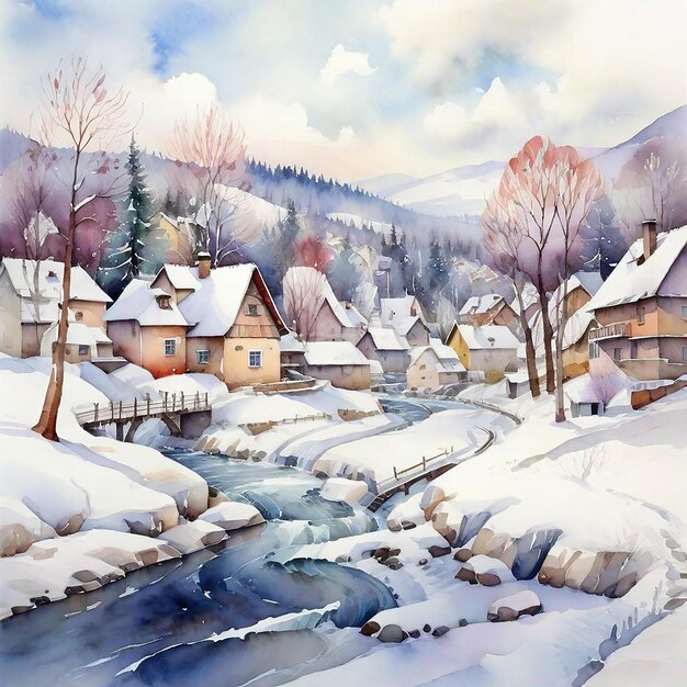 Le village d'hiver à l'aquarelle