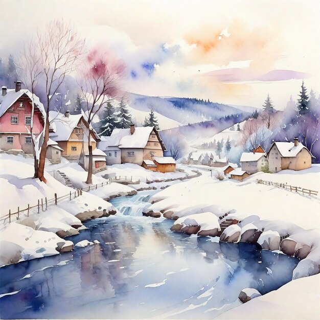 Le village d'hiver à l'aquarelle