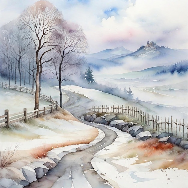 Le village d'hiver à l'aquarelle