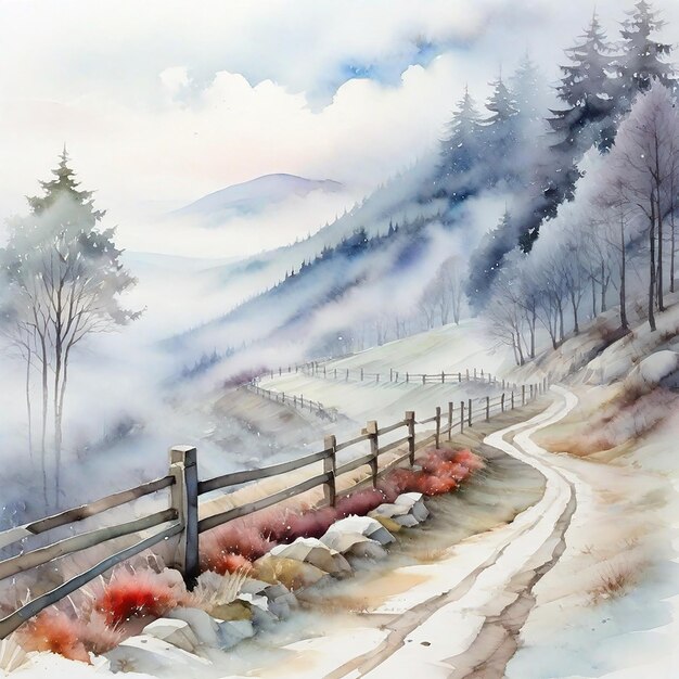 Le village d'hiver à l'aquarelle