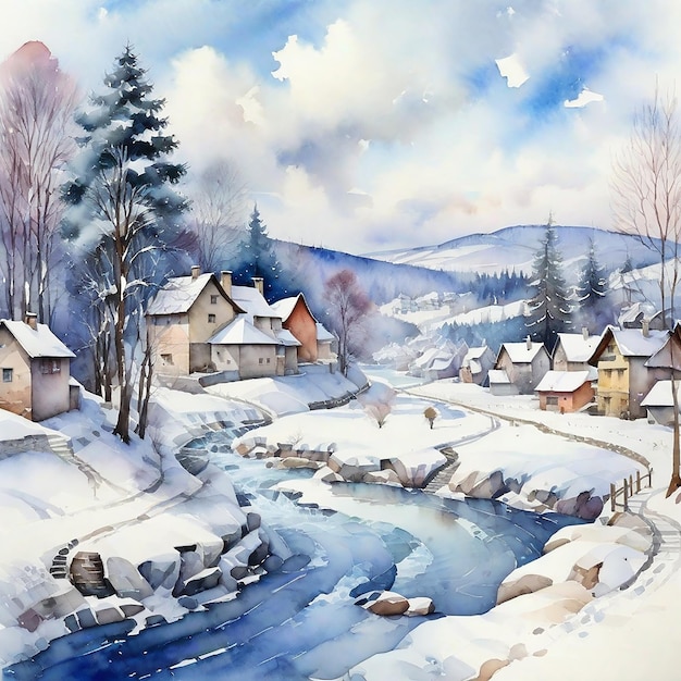 Le village d'hiver à l'aquarelle