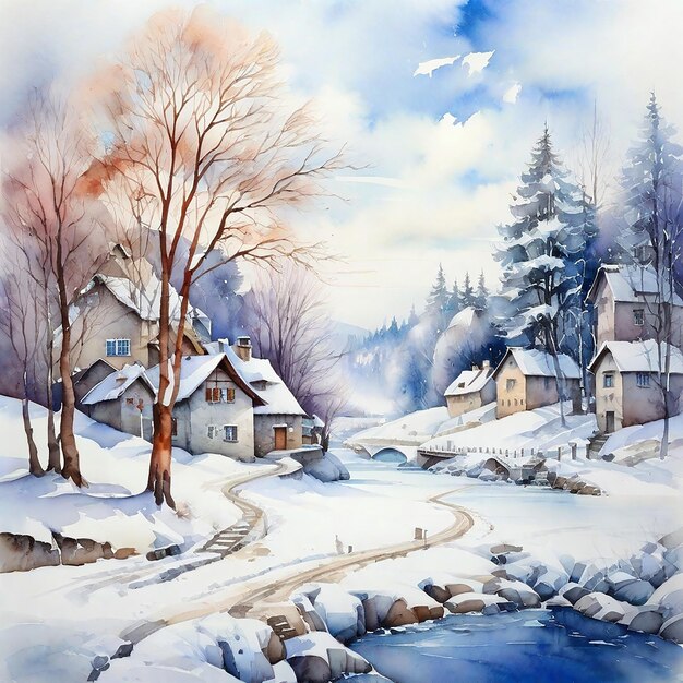 Le village d'hiver à l'aquarelle