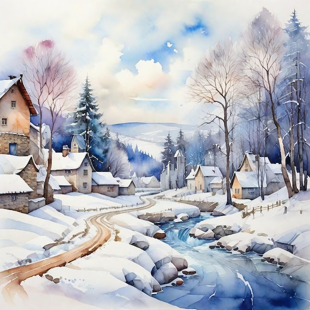 Le village d'hiver à l'aquarelle