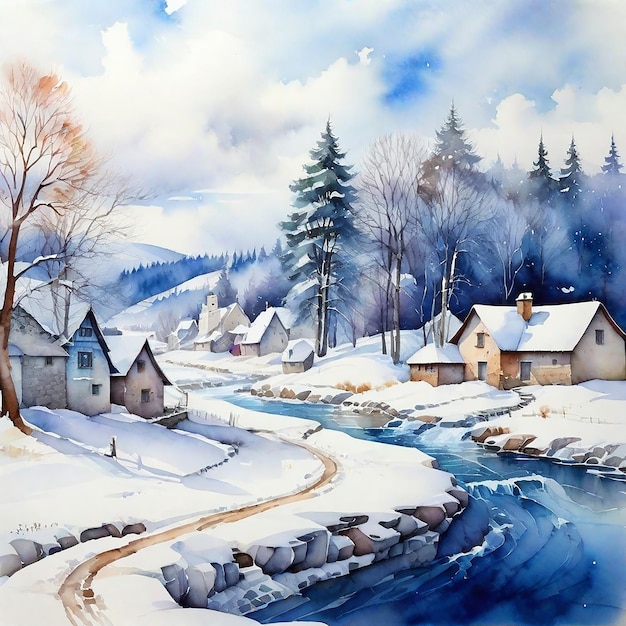 Le village d'hiver à l'aquarelle