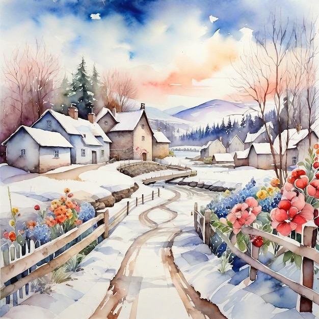 Le village d'hiver à l'aquarelle