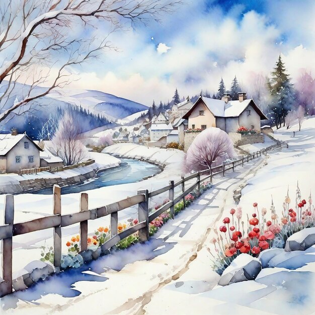 Le village d'hiver à l'aquarelle