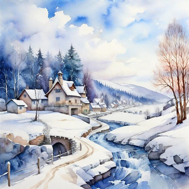 Le village d'hiver à l'aquarelle