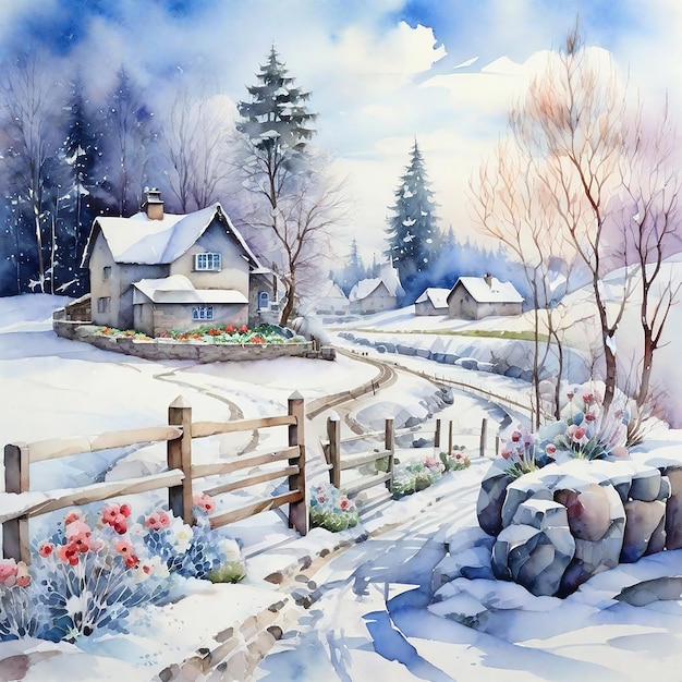 Le village d'hiver à l'aquarelle