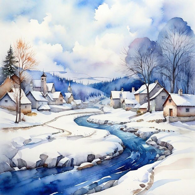 Le village d'hiver à l'aquarelle