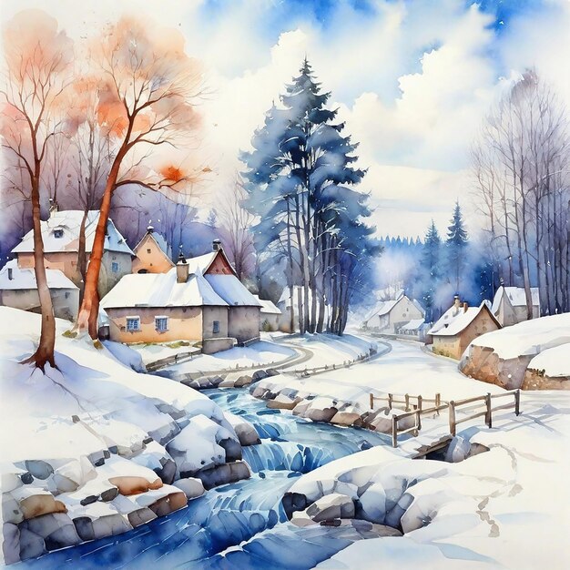 Le village d'hiver à l'aquarelle