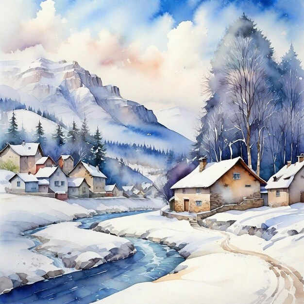 Le village d'hiver à l'aquarelle