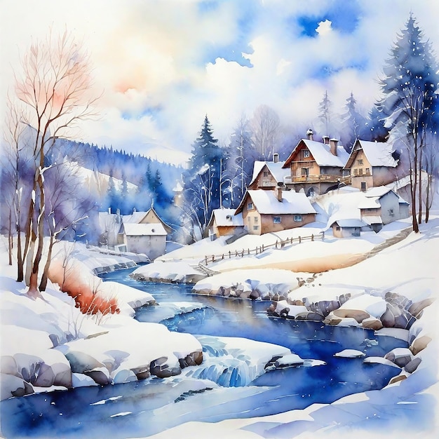 Le village d'hiver à l'aquarelle