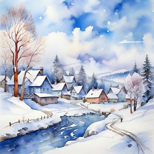 Le village d'hiver à l'aquarelle