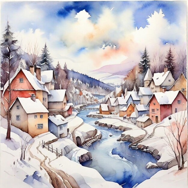 Le village d'hiver à l'aquarelle