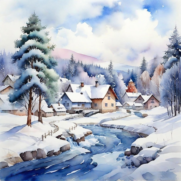 Le village d'hiver à l'aquarelle