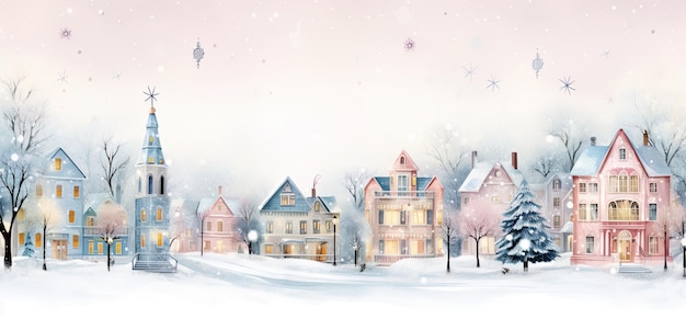 Village d'hiver avec des maisons couvertes de neige fond de Noël et du nouvel an