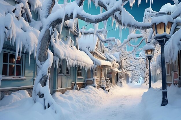 Village d'hiver avec des maisons couvertes de neige et des lampadaires