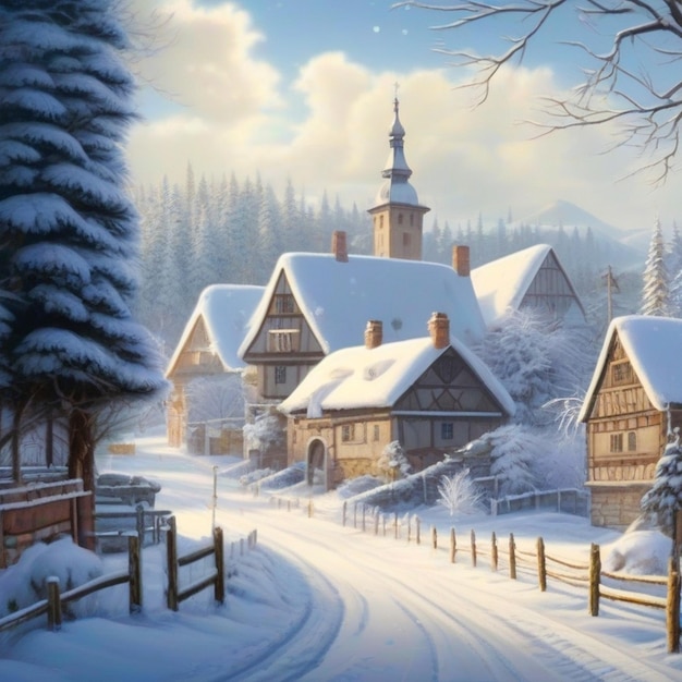 Photo un village d'hiver avec une route enneigée