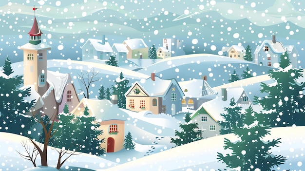 Un village hivernal enneigé niché dans une vallée avec des chutes de neige et des maisons avec des lumières de Noël