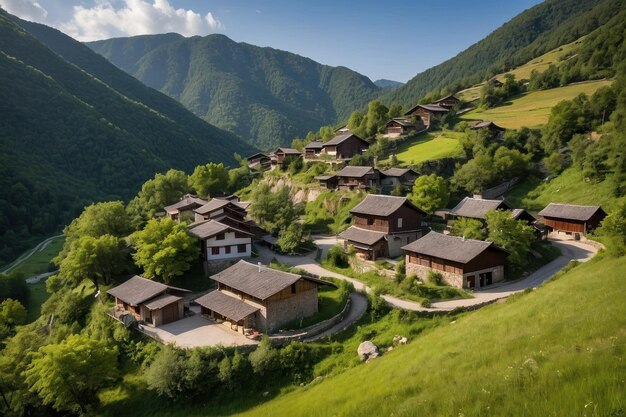 Un village idyllique niché dans des montagnes verdoyantes