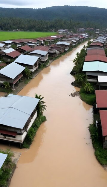 Photo un village inondé avec des maisons dans l'eau et une zone inondée