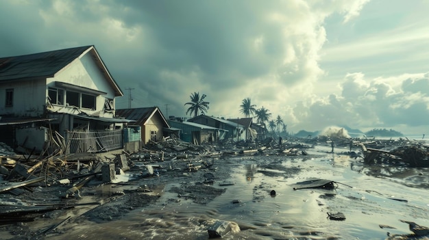 Un village inondé avec des maisons, des palmiers et un ciel nuageux.